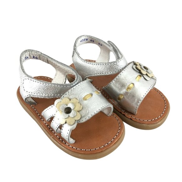 Kid Express Toddler Girls Sandals Leather Floral Applique Silver Size 20 US 4 - Picture 1 of 6
